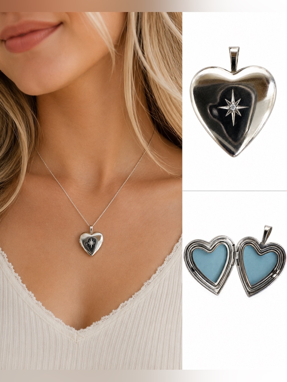 Vintage Silver Heart Locket Pendant with Starburst Accent
